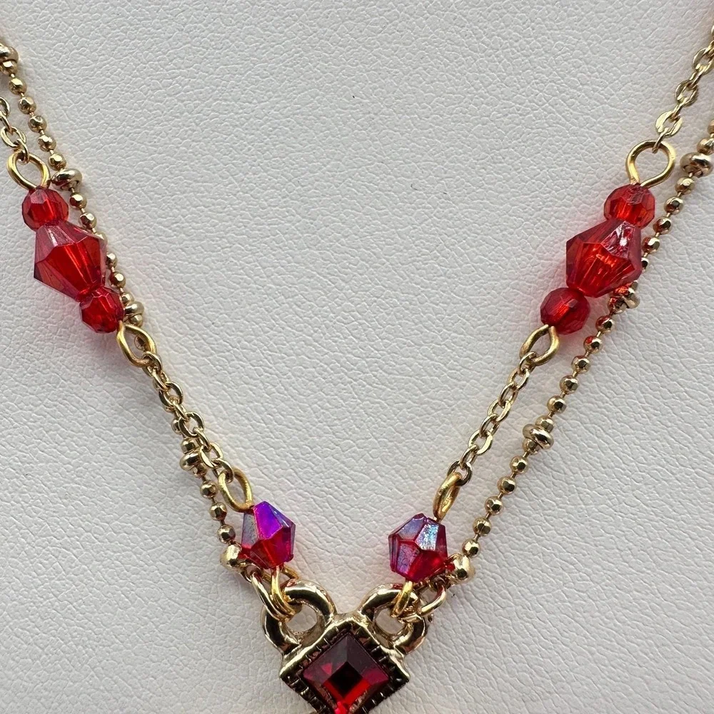 Vintage Y2K Cookie Lee Red Stone‎ Necklace Gold Tone Filigree Tassel Statement